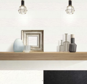 A room setting showcasing porcelain tiles on walls with a shelf adorned with various decorative items, lighting fixtures on the wall, and a framed picture.