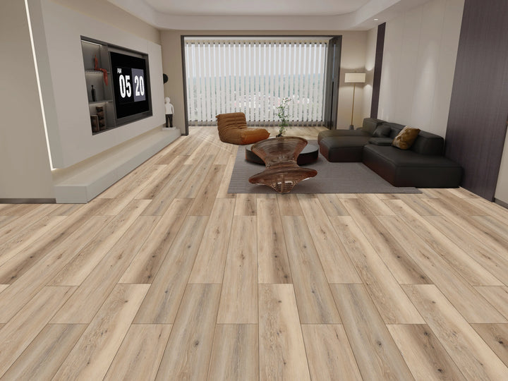Modern living room with wooden flooring, furniture, and a TV.