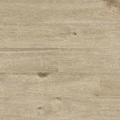 Close-up image of a beige waterproof laminate floor with a wood grain pattern.