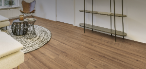 Wooden flooring in a room with a rug, chair, and shelves.