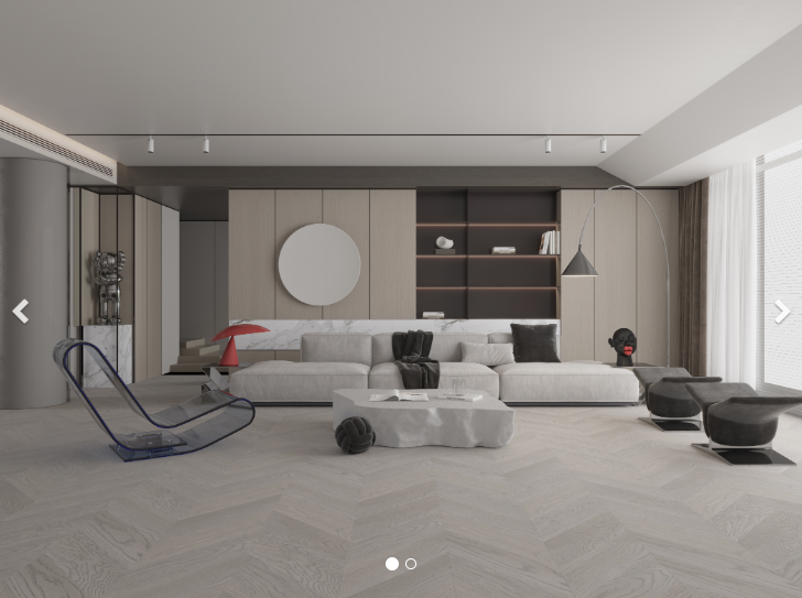 A modern room which displays the beautiful look of Snow Flake premium herringbone engineered hardwood flooring from Vidar.