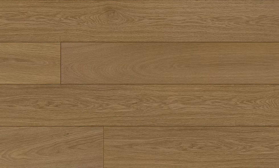 Close-up of Snowhaze AB engineered hardwood flooring from Woden showing 6-1/2" wide plank and 4mm veneer layer. 
