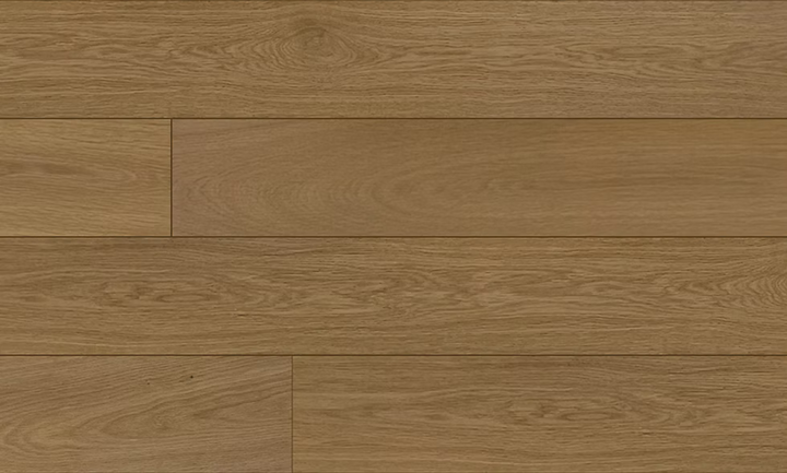 Close-up of Snowhaze AB engineered hardwood flooring from Woden showing 6-1/2" wide plank and 4mm veneer layer. 