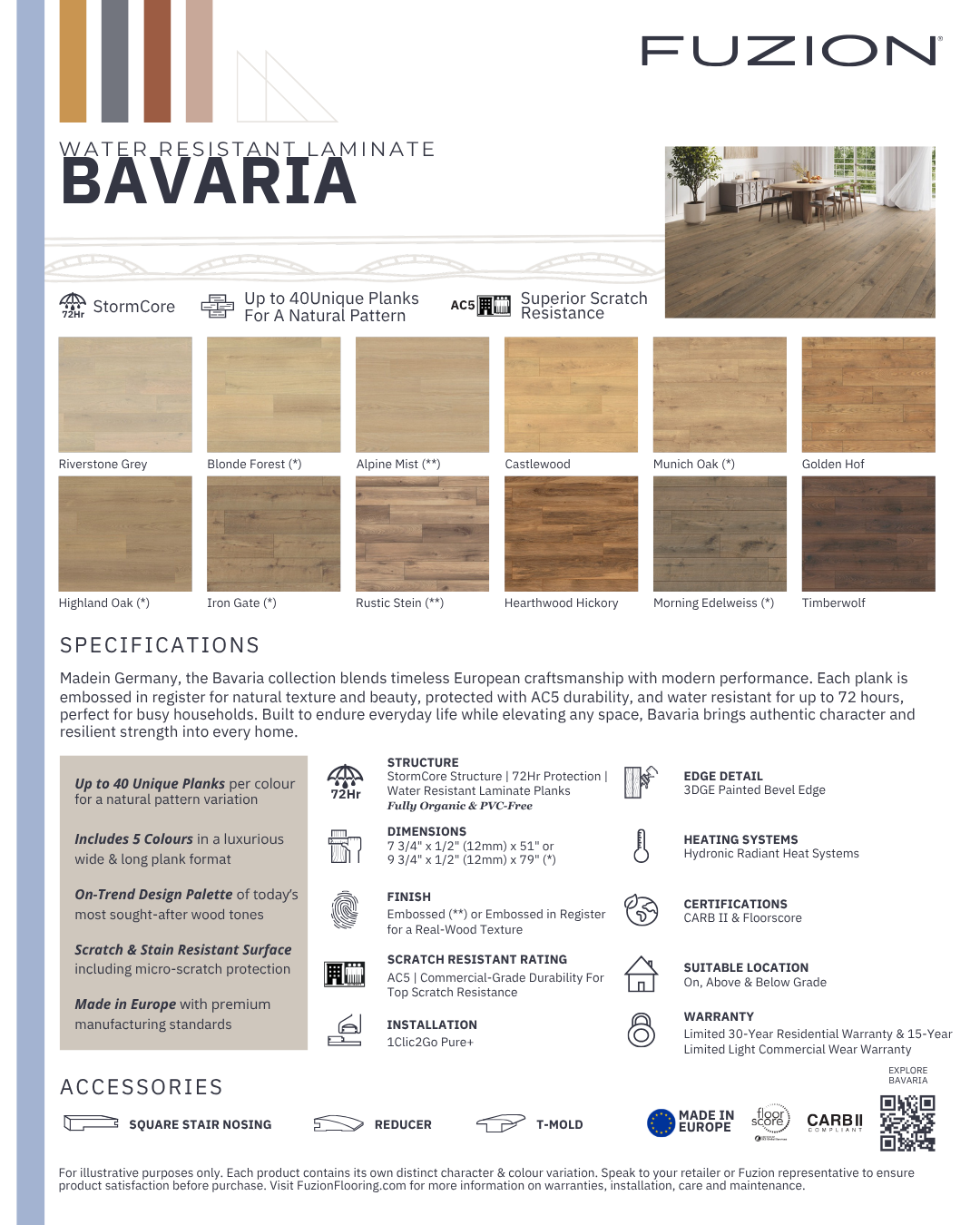 Fuzion Bavaria water-resistant laminate flooring with various color options and specifications.
