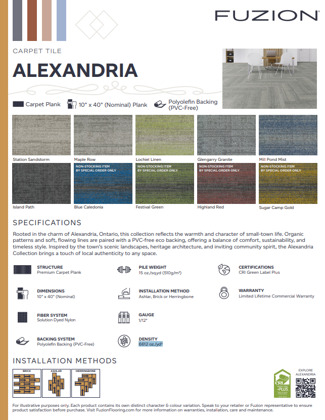 Fuzion Alexandria carpet tile specification sheet with color swatches and product details.