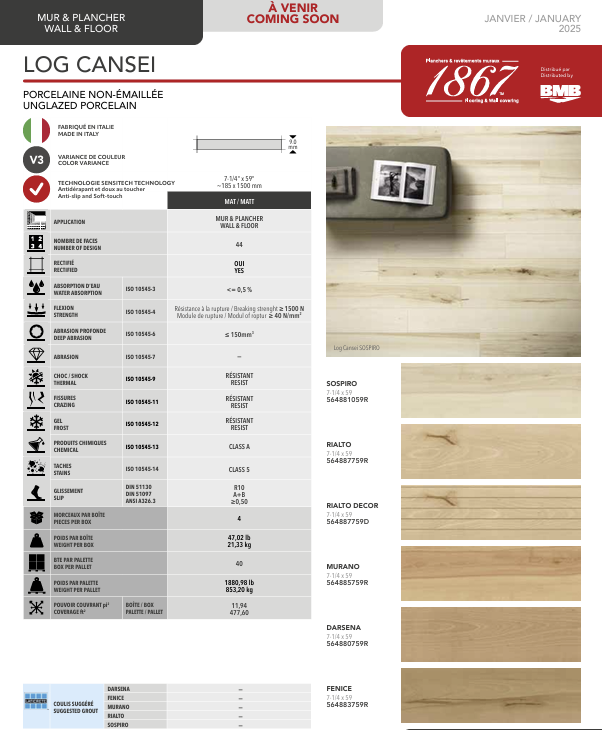 Product catalog page for 'Log Cansei' porcelain wall and floor tiles with color swatches and specifications.