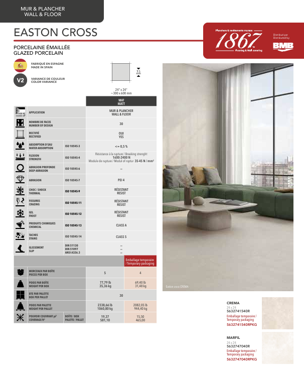 Product information sheet for Easton Cross porcelain flooring with a living room scene.