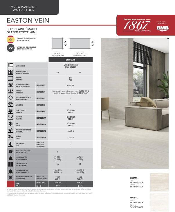 BMP Easton Vein tile product sheet with room application and color swatch.