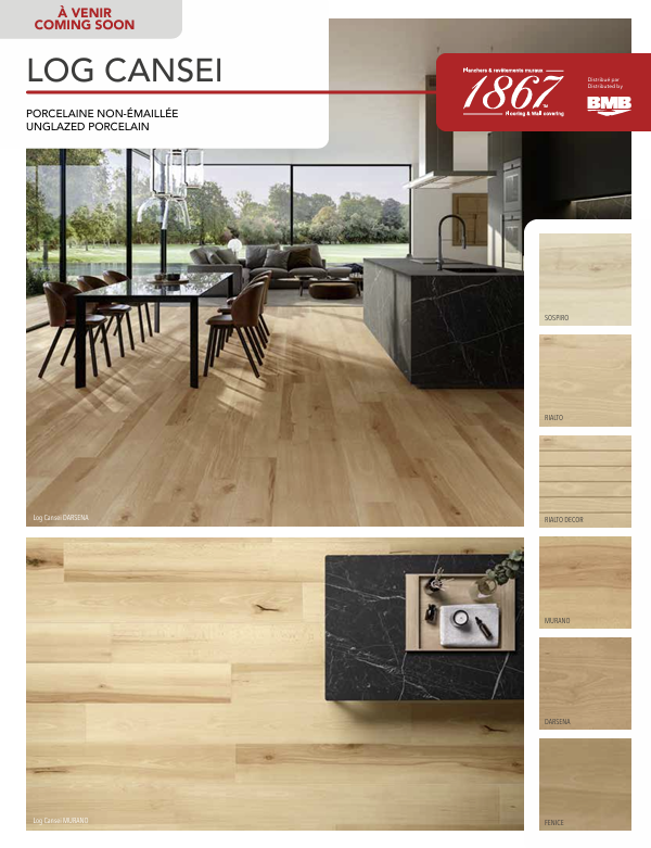 Advertisement for Log Cansei unglazed porcelain flooring with a modern kitchen and dining area.