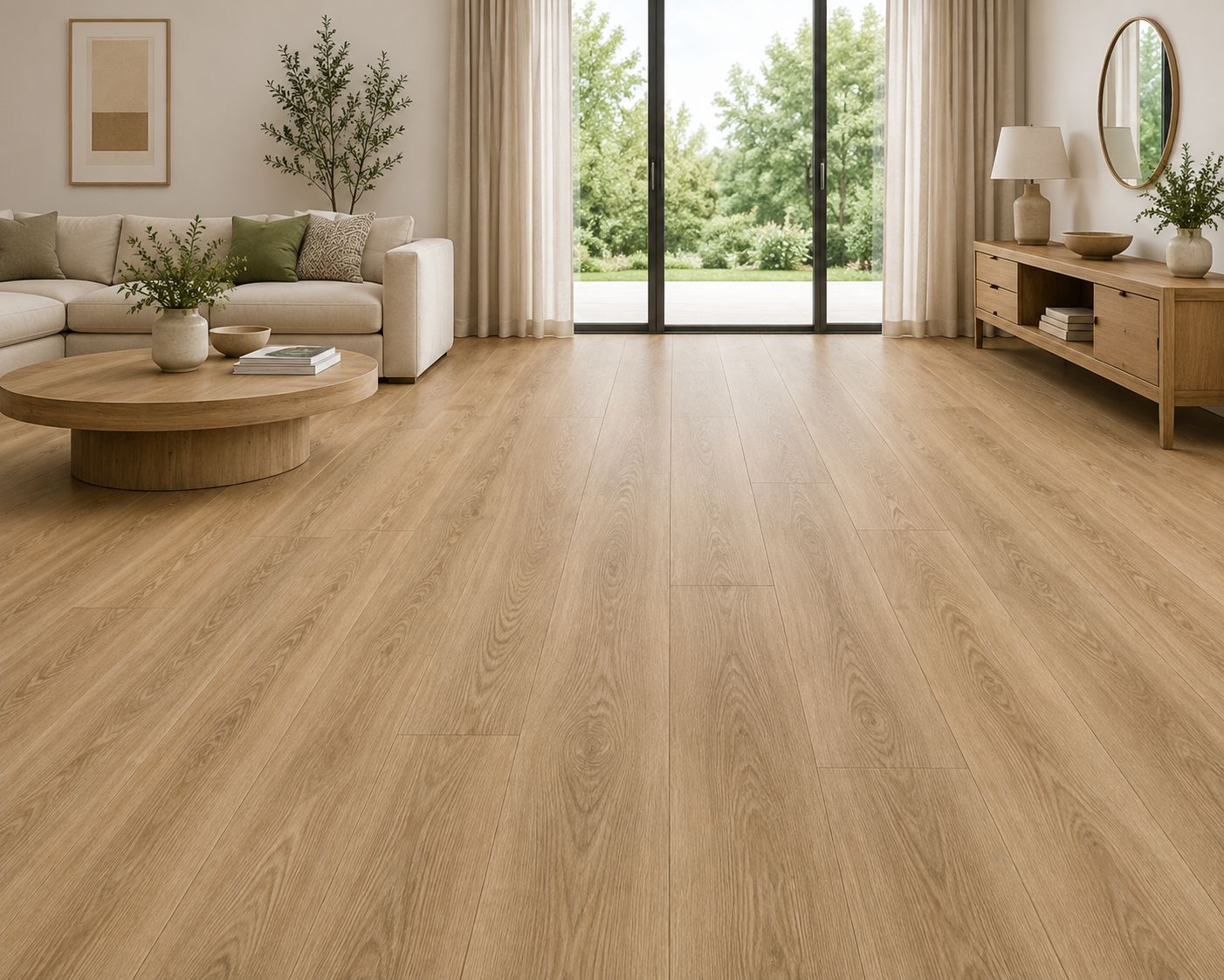 Tosca Light oak WPC vinyl plank flooring shown installed in a bright and modern living room. Advanced Flooring. 