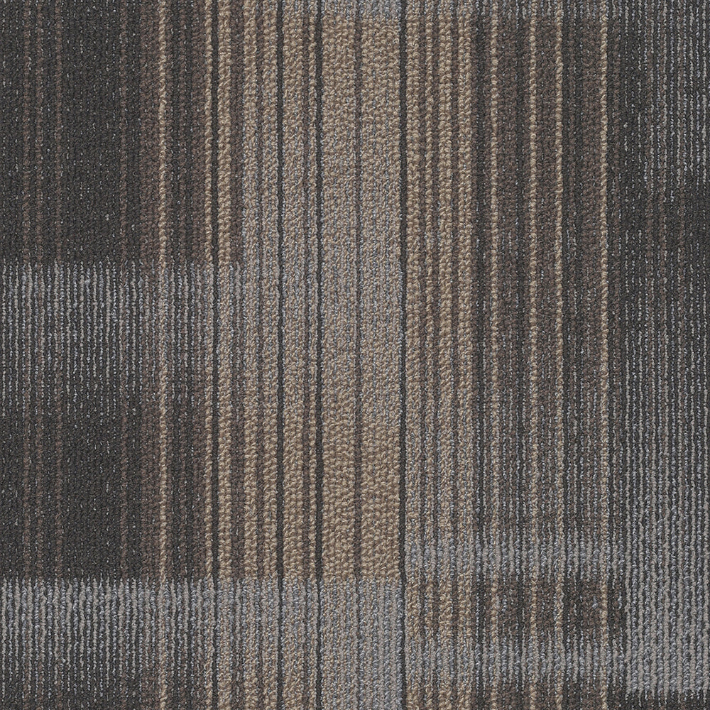 Textured carpet with a pattern of horizontal stripes in shades of brown and gray.