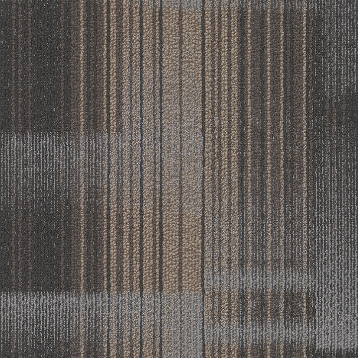 Textured carpet with a pattern of horizontal stripes in shades of brown and gray.