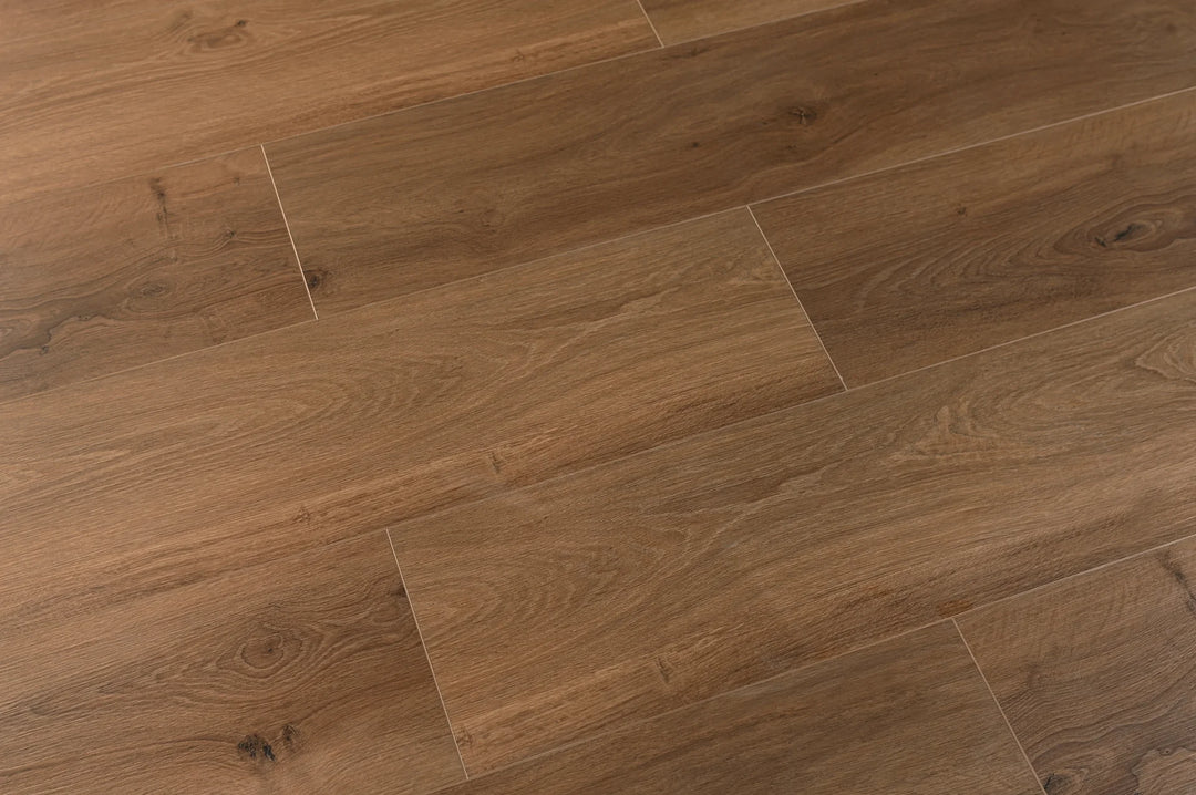 Close-up of wooden flooring with a brown finish