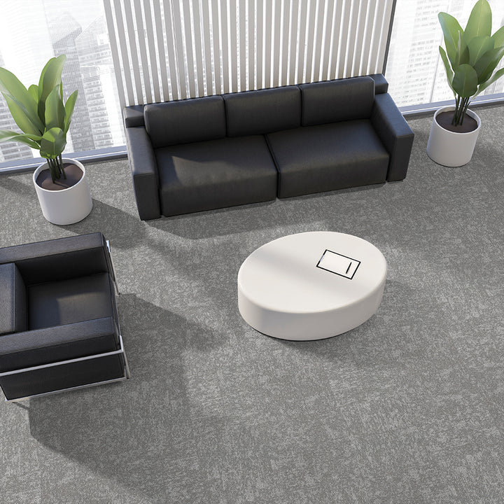 Round white robot vacuum cleaner on a gray carpeted floor with a black sofa and plants in the background.