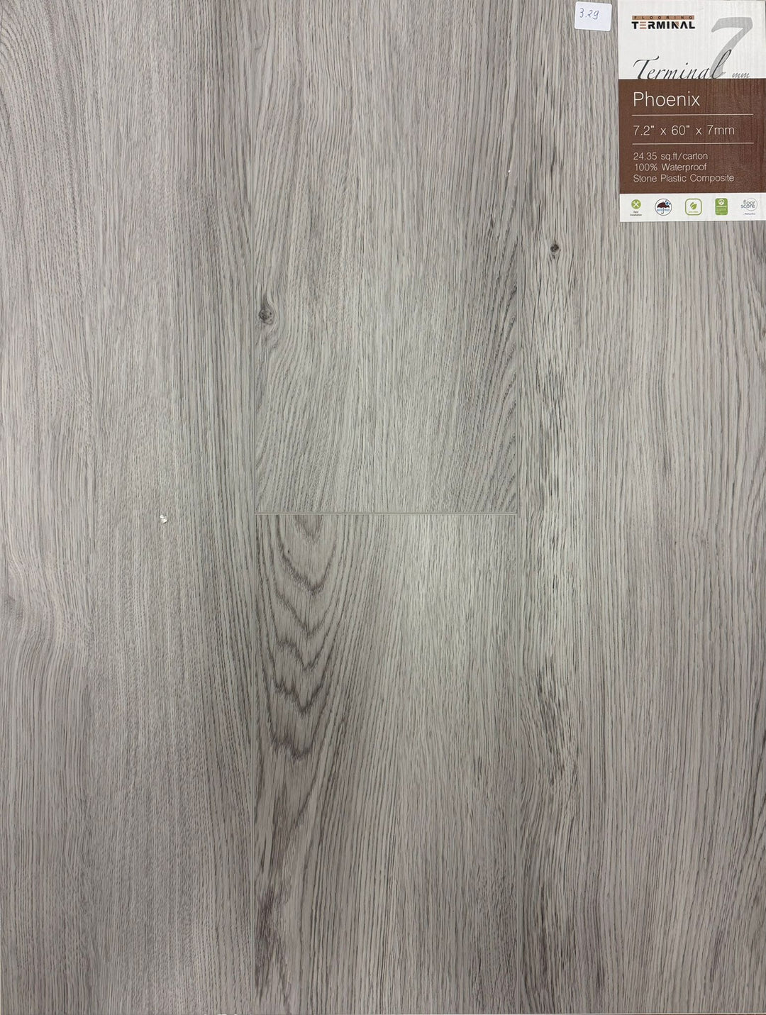 Gray wood-patterned flooring with a label on the top right corner.