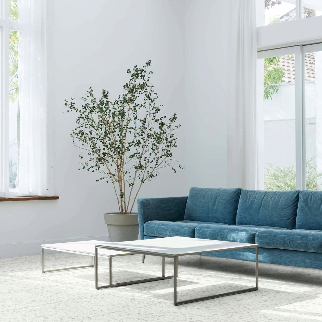 Modern living room with a blue sofa, white coffee table, and a potted plant.