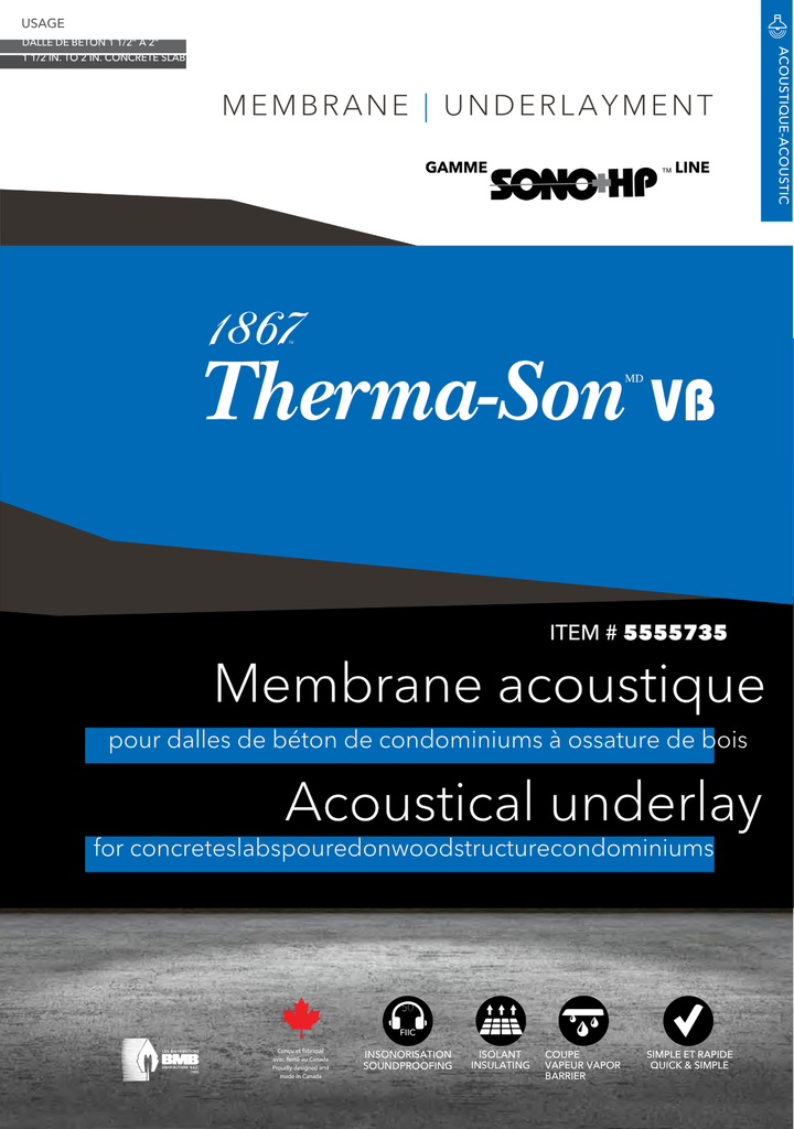 Therma-Son VB acoustical underlay packaging with branding and product details.