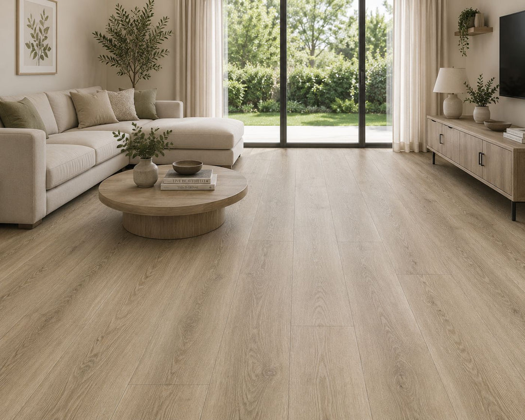 Tosca tropcial oak color medium-tone wood-look vinyl flooring in a modern, bright living room. Available at Advanced Flooring
