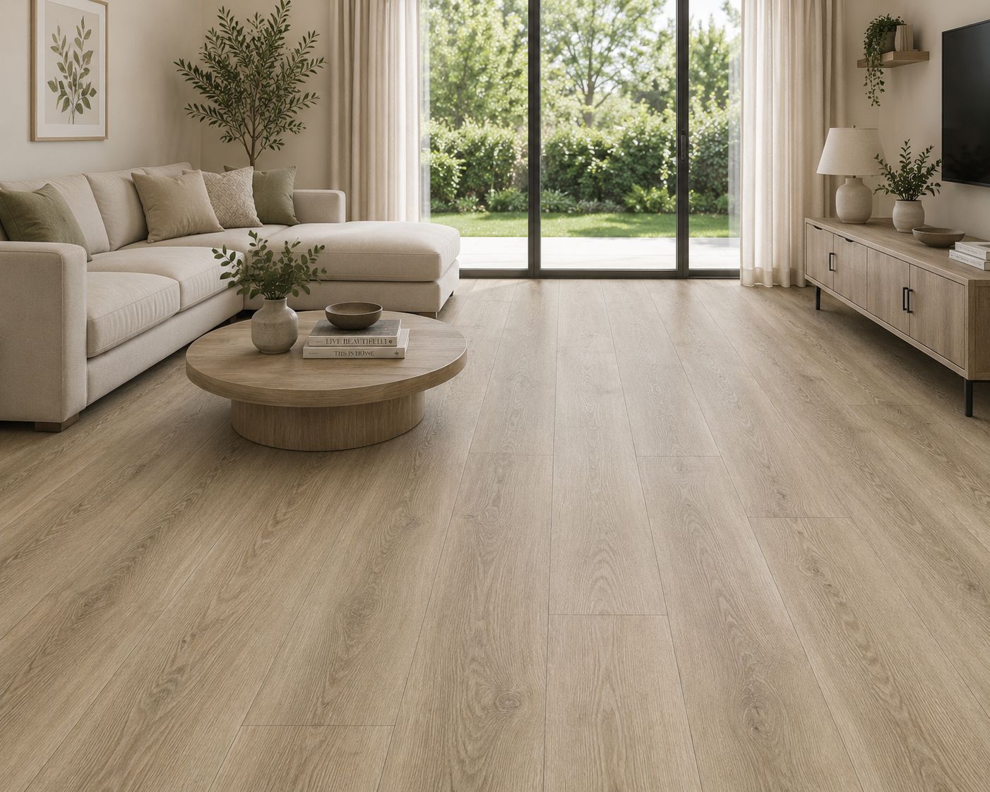 Tosca tropcial oak color medium-tone wood-look vinyl flooring in a modern, bright living room. Available at Advanced Flooring