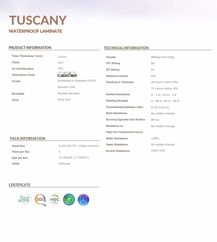 Product information sheet for Tuscany waterproof laminate with technical and pack details.
