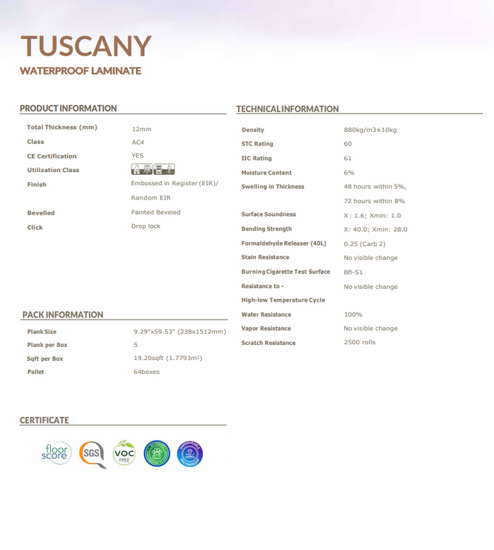 Product information sheet for Tuscany waterproof laminate with technical and pack details.