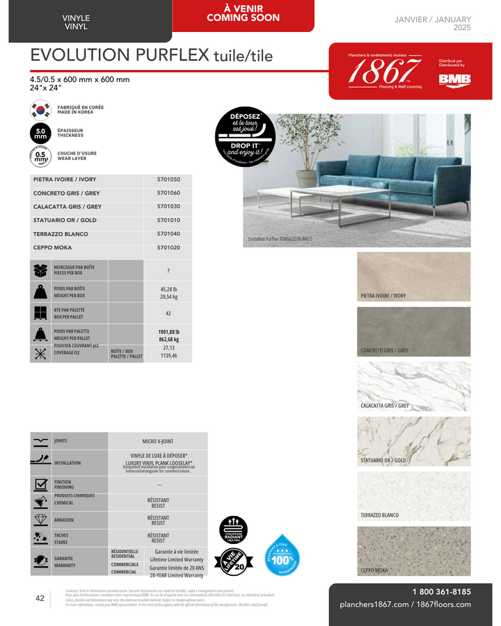 Statuario Gold - 1867 Evolution Purflex 4.5mm Looselay Vinyl Tile