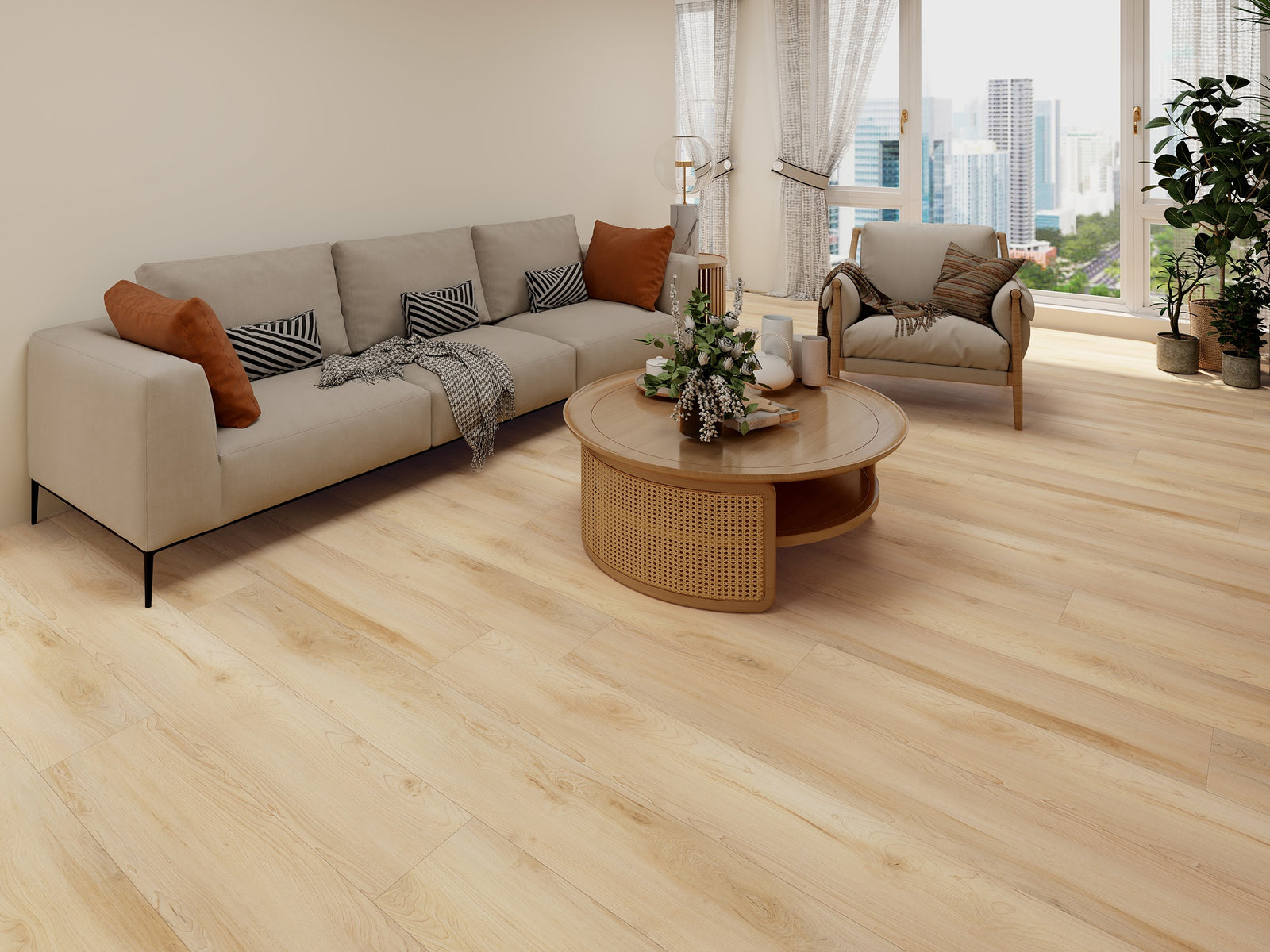 Modern living room with a beige sofa, wooden coffee table, and city view.