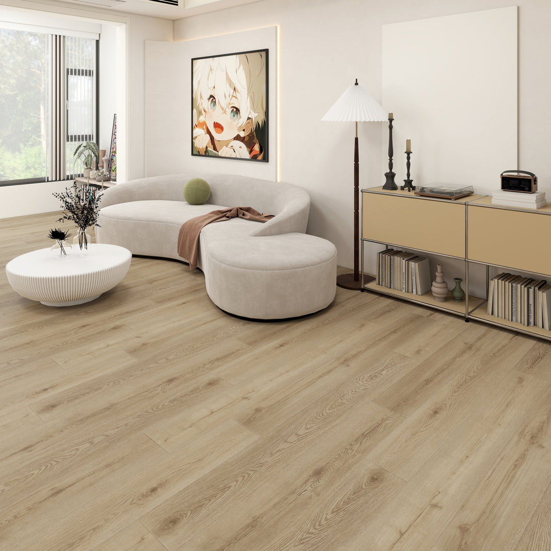 Modern living room with a white sofa, coffee table, and decorative items.