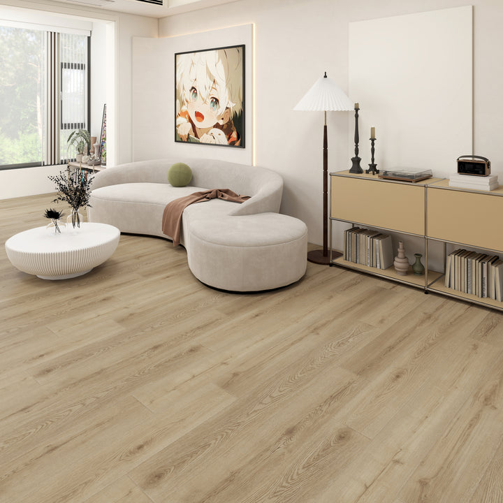 Modern living room with a white sofa, coffee table, and decorative items.