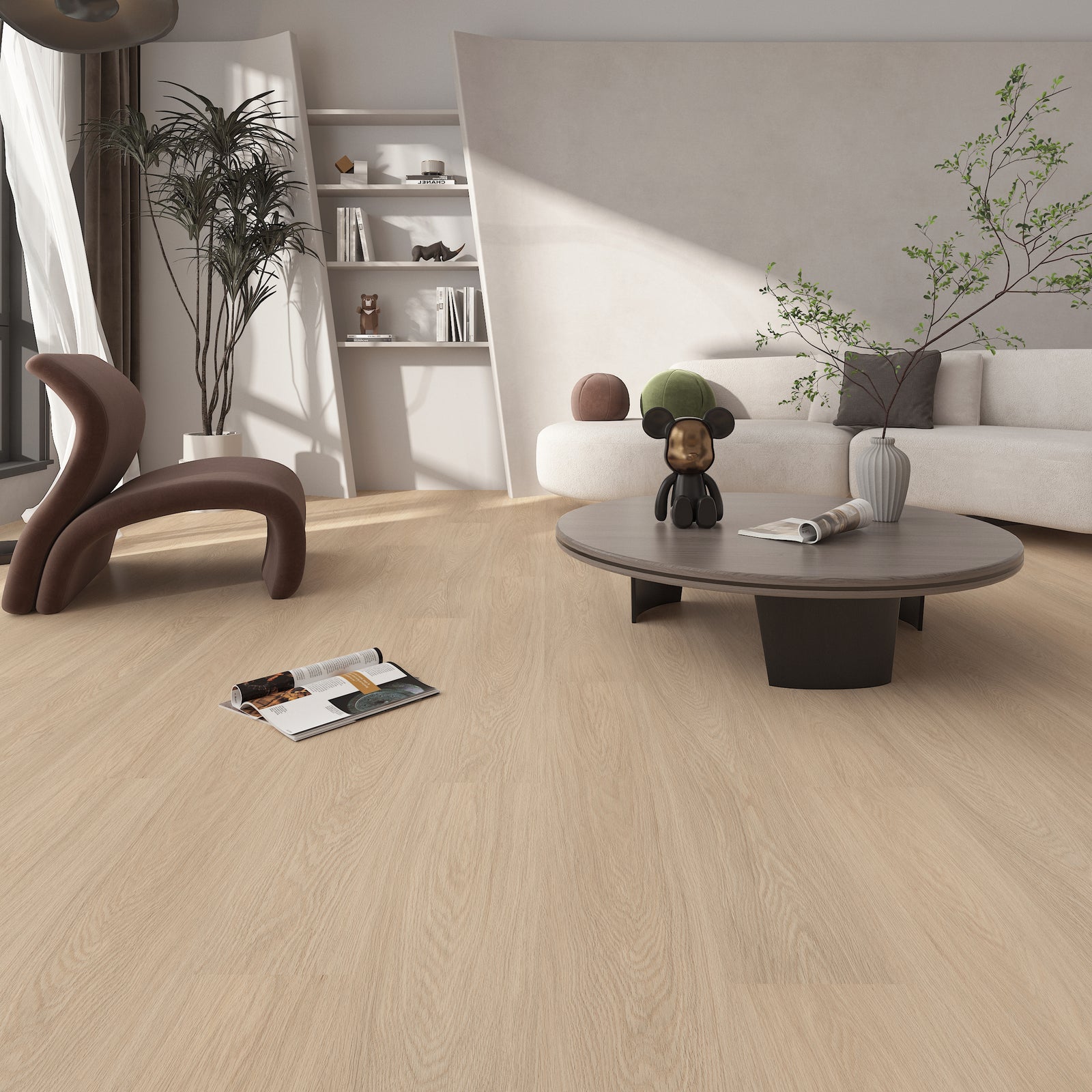 Modern living room with wooden flooring, white sofa, and decorative items.