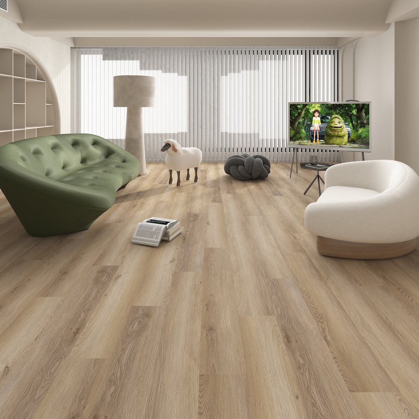 Modern living room with wooden flooring, green and white furniture, and a TV displaying a nature scene.