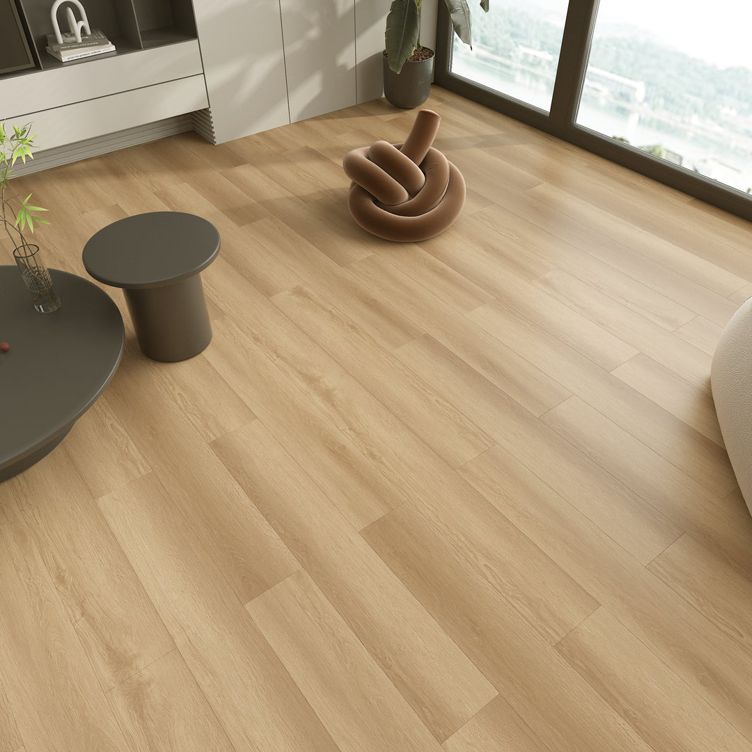 Wooden floor with modern furniture and decor in a room with large windows.