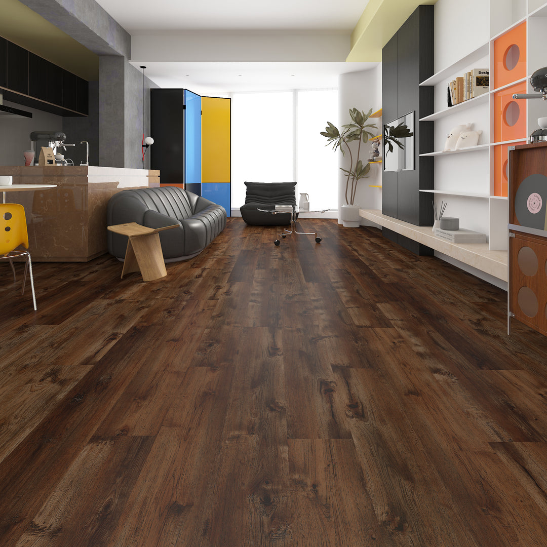 Modern living room with wooden flooring, furniture, and decor.