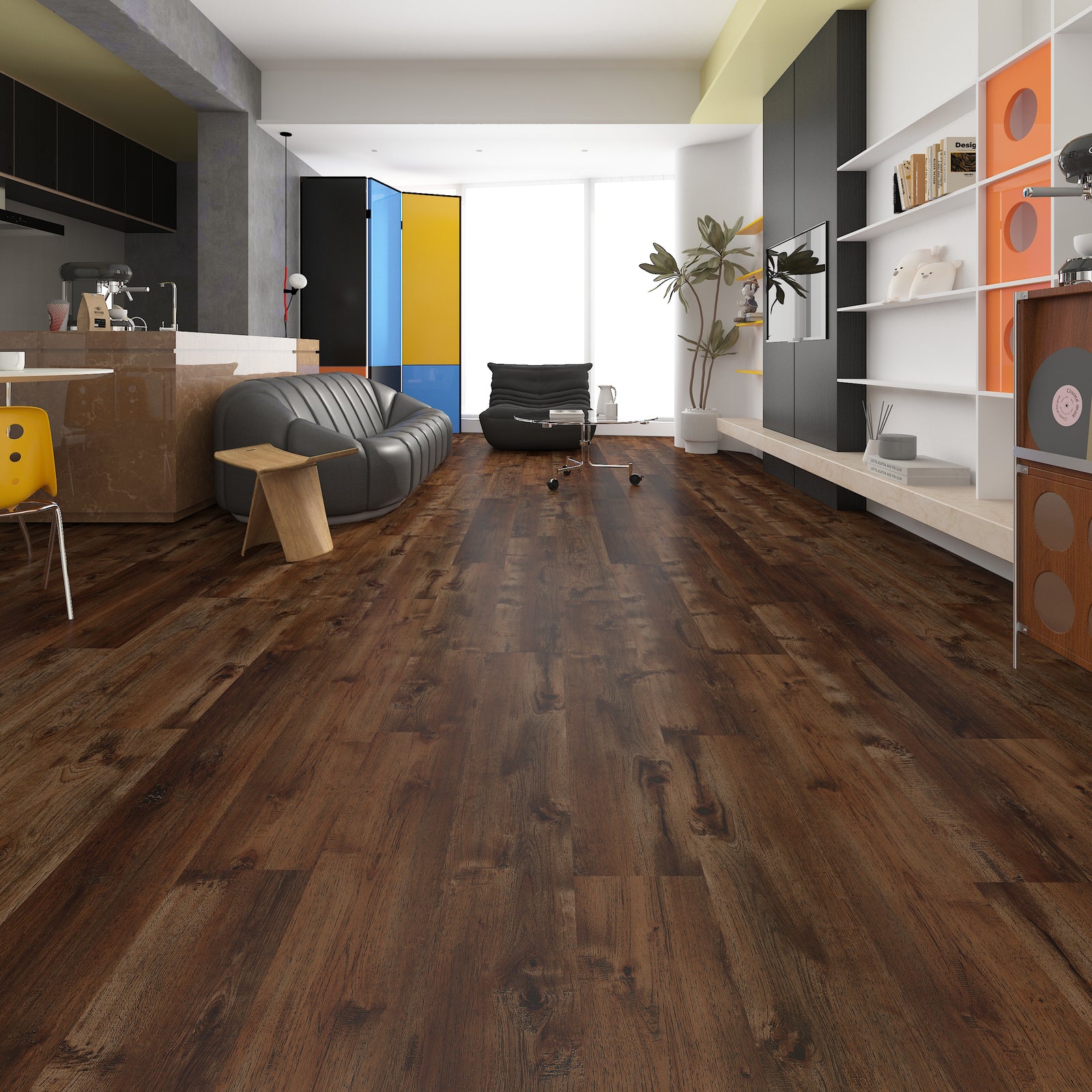 Modern living room with wooden flooring, furniture, and decor.