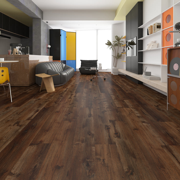 Modern living room with wooden flooring, furniture, and decor.