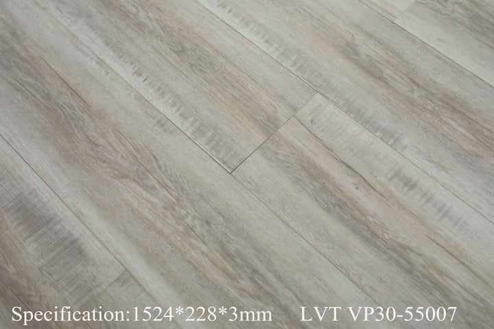 Light gray wood-look laminate flooring planks with a natural grain texture, featuring specification text at the bottom.