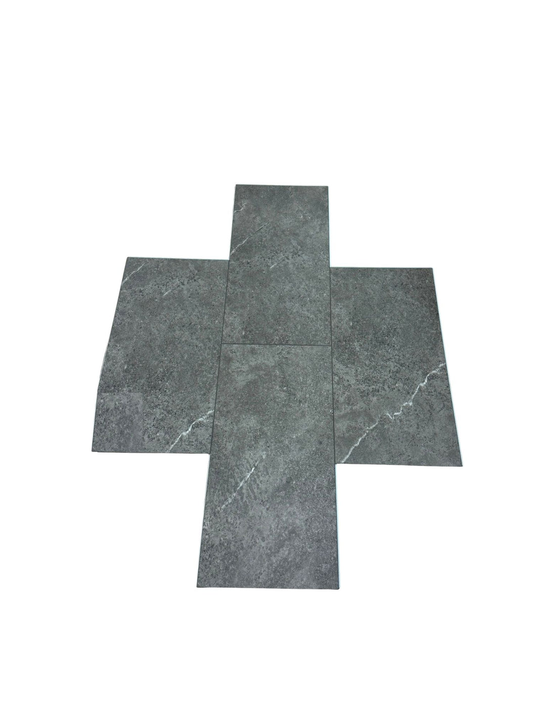 Four dark gray stone-look vinyl tiles arranged in a cross-like flat layout on a plain white background. Available at Advanced Flooring. 