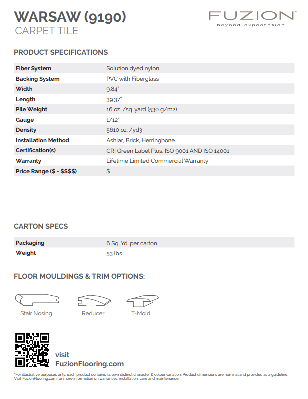 Product specifications sheet for Warsaw carpet tile by Fuzion on a white background