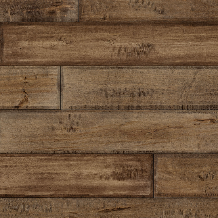 Close-up image of brown laminate wood flooring planks with a textured finish.