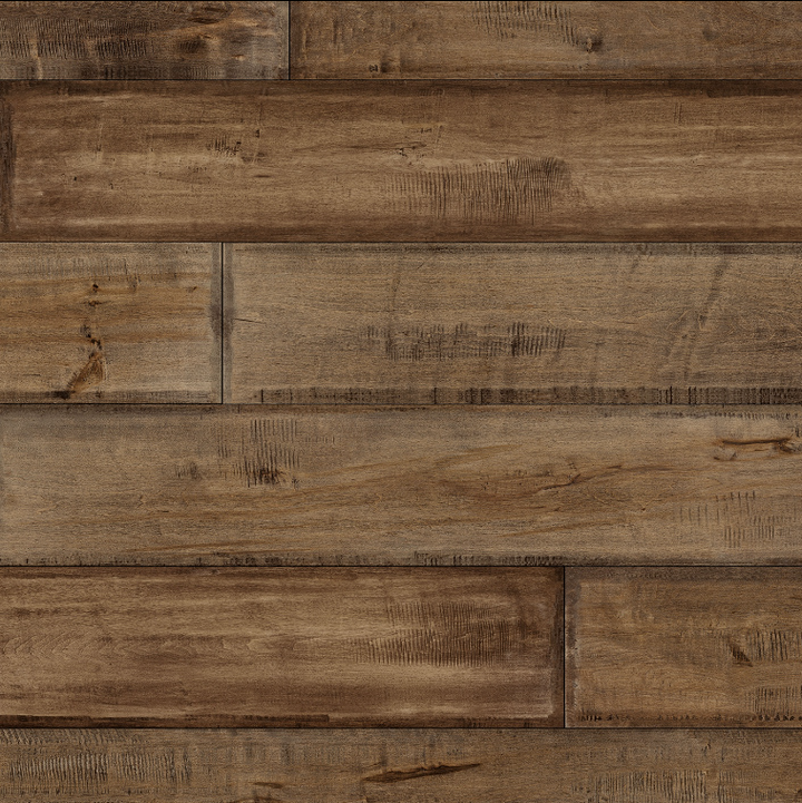 Close-up image of brown laminate wood flooring planks with a textured finish.