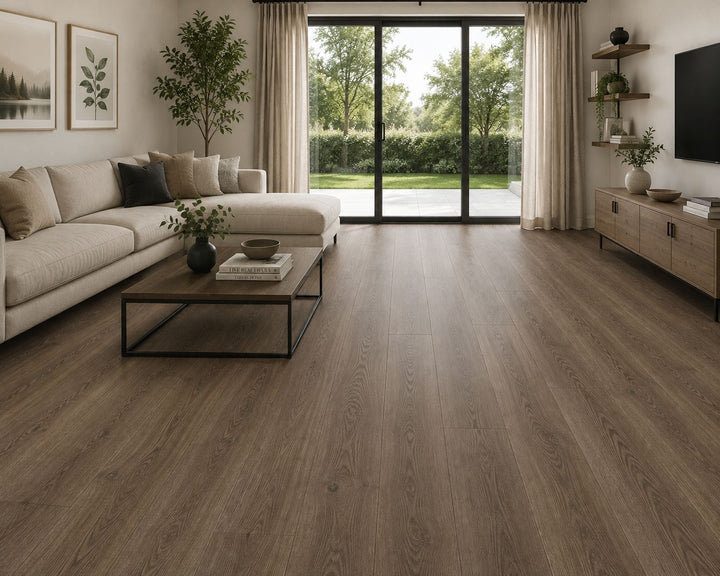 Tosca 9801 vinyl flooring in A modern living room with dark brown wood-look vinyl flooring. Available at Advanced Flooring