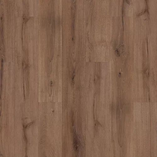 Brown wood-look flooring planks with visible grain, knots, and natural texture.