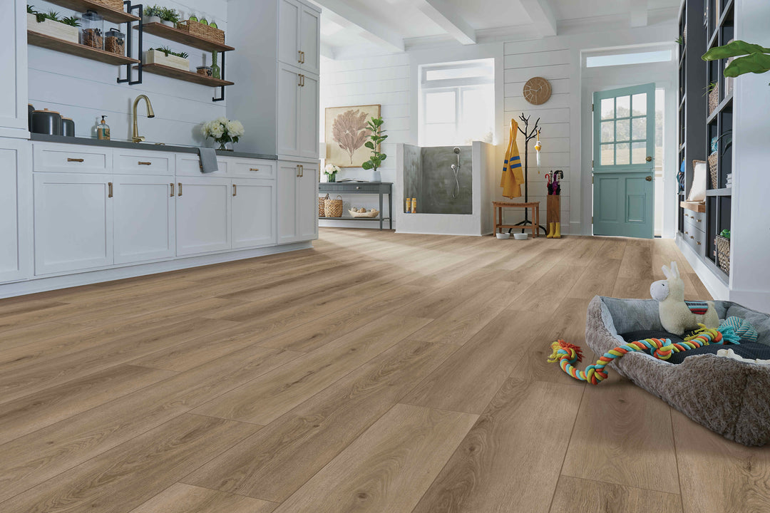 Modern room with 5mm vinyl plank installed in the colour Wyndale by Mohawk SolidTech Select sold by Advanced Flooring in Kitchener-Waterloo.