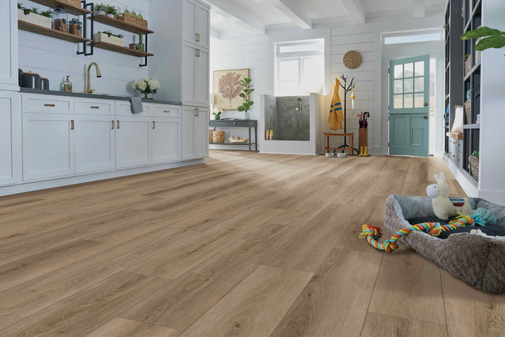 Modern room with 5mm vinyl plank installed in the colour Wyndale by Mohawk SolidTech Select sold by Advanced Flooring in Kitchener-Waterloo.