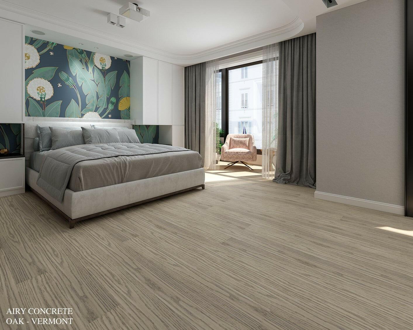 Beautiful room with 6 1/2" hardwood installed in the colour Airy Concrete by Woden Flooring.