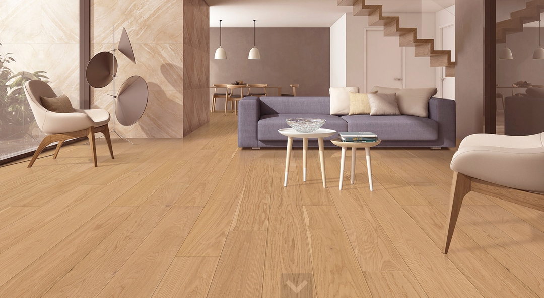 Allure engineered oak hardwood flooring installed in a modern interior with wide 6 1/2 inch planks, from Fuzion’s Demure Collection. Canada-wide delivery Available. 