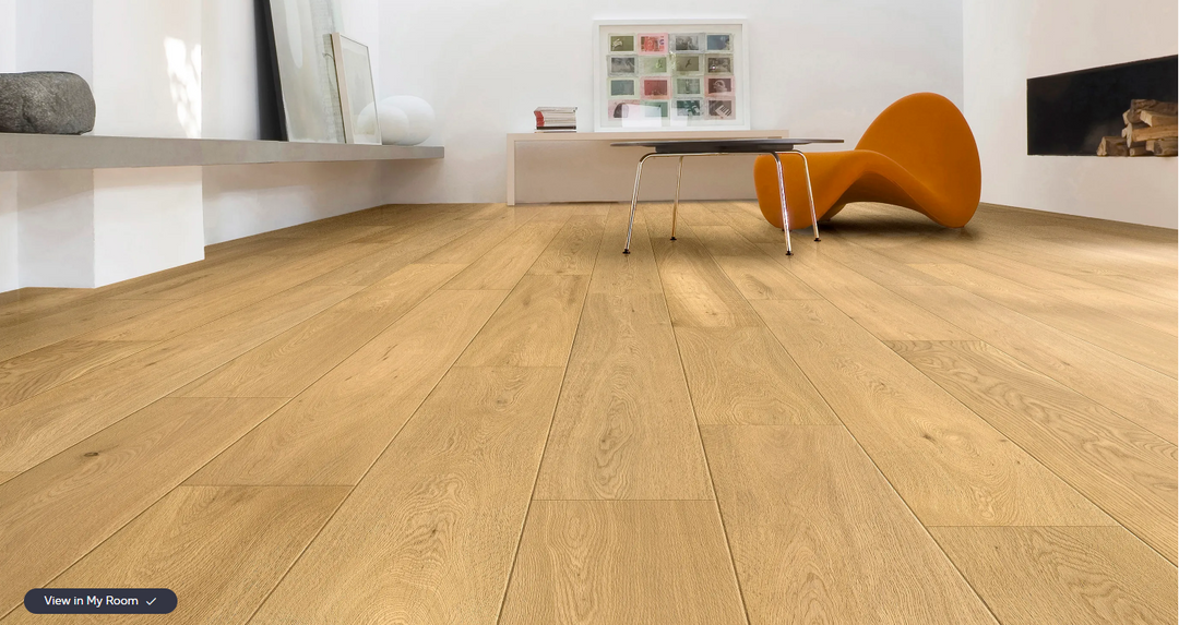 Close up of Alpine Leather by Fuzion Whistler's Village engineered hardwood collection, featuring wide planks and a durable 3mm top layer, ideal for elegant, long-lasting interiors.