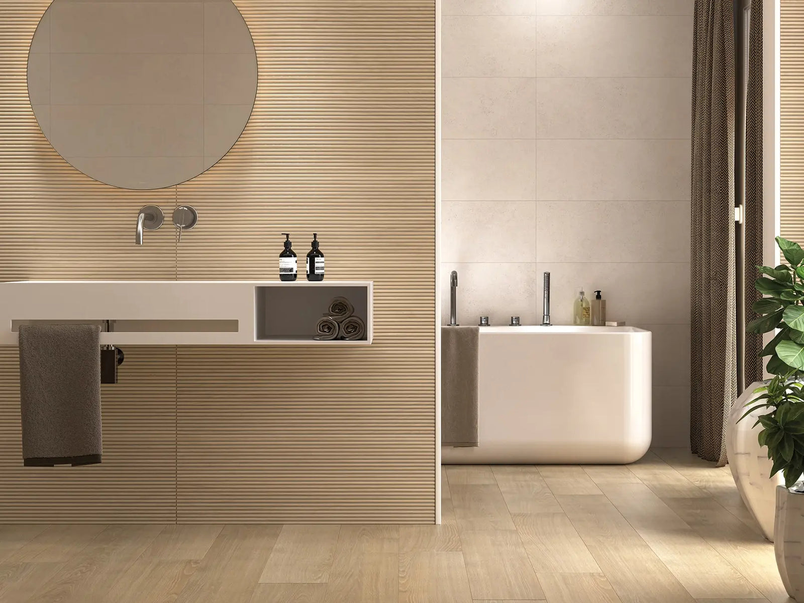 Modern bathroom with a bathtub, sink, and decorative elements.
