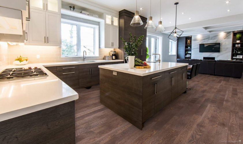 Antique Pewter engineered oak hardwood flooring installed in a modern room, featuring wide 5" x 3/4" planks, 3mm - 4mm veneer layer, and natural wire-brushed finish. 