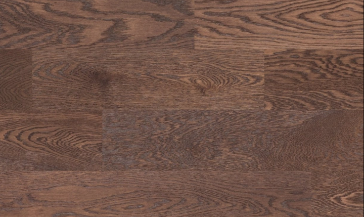 Close-up of Fusion Antique Pewter engineered oak/maple hardwood flooring from Bistro collection showing wire-brushed texture, T&G joint, 5" wide plank detail. Available at Advanced Flooring Waterloo.